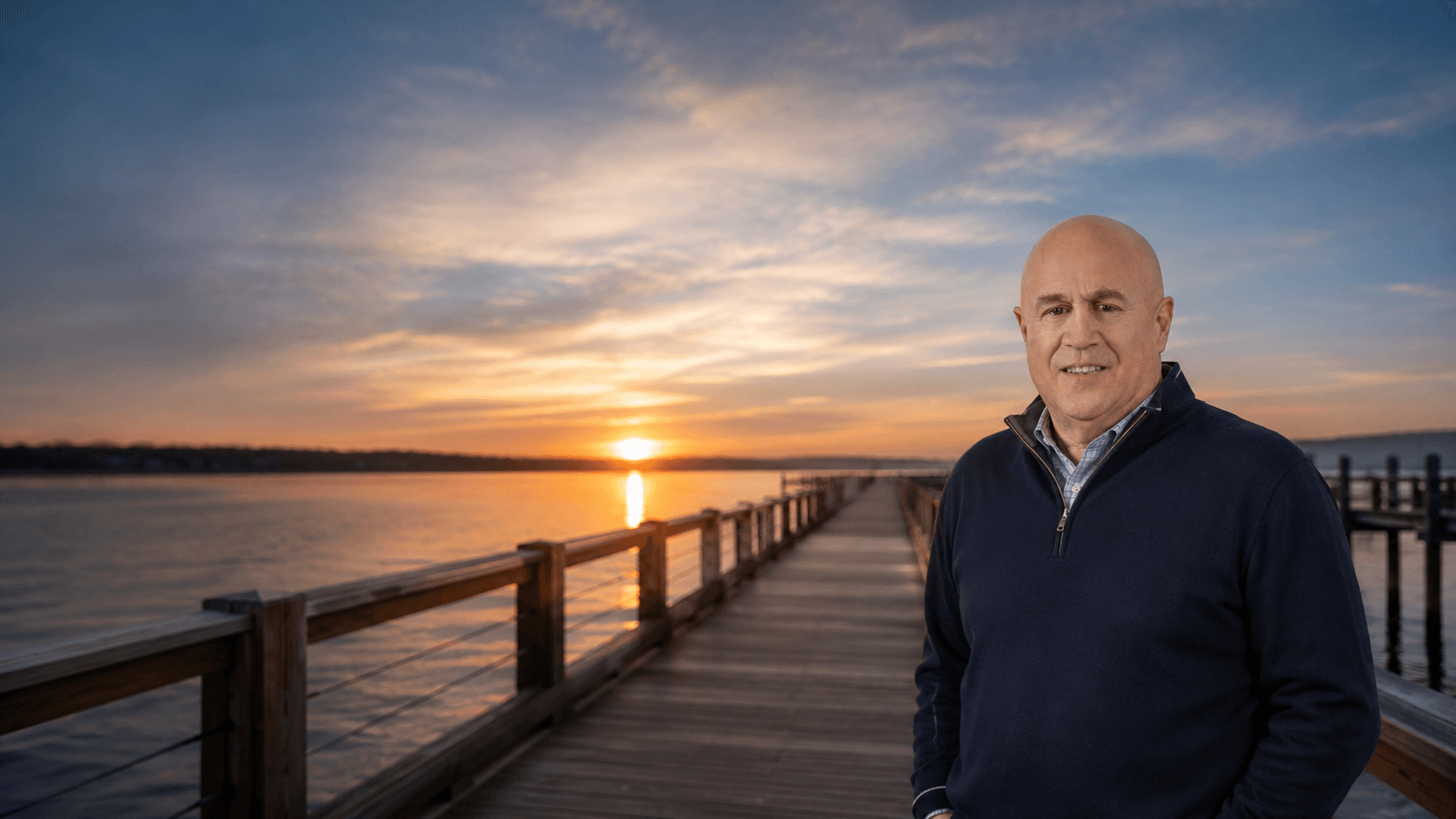 Coach standing by a bridge crossing the water at sunrise